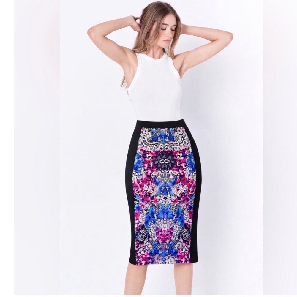 nicole by Nicole Miller Black Skirt with Front Floral Detail Midi Skirt